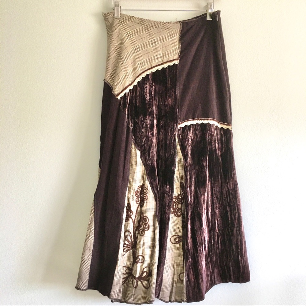 Vintage Brown and Cream Patchwork Midi Skirt